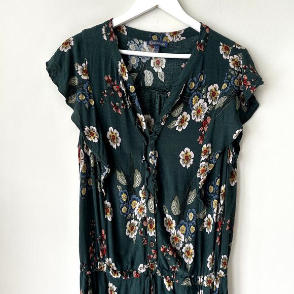 Democracy Jumpsuit Size L Floral Drawstring Waist Pants Green Romper Button Up - Picture 5 of 9